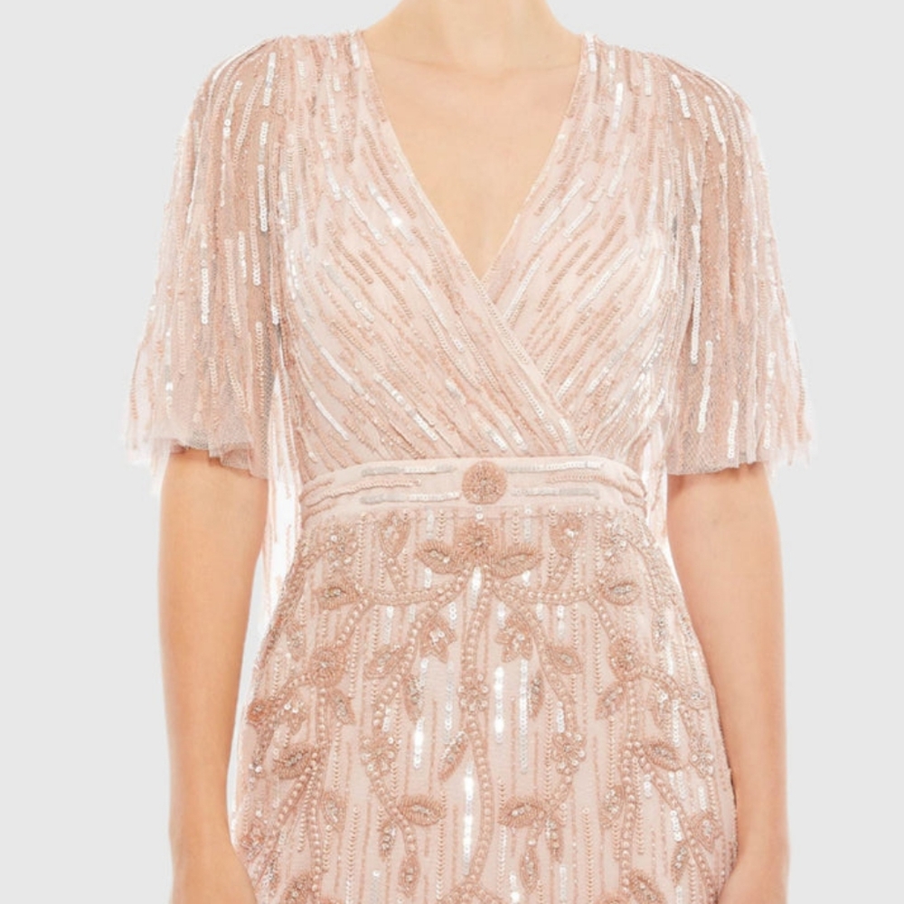 Mac DuggalEmbellished Cap Sleeve Faux Wrap Trumpet Gown